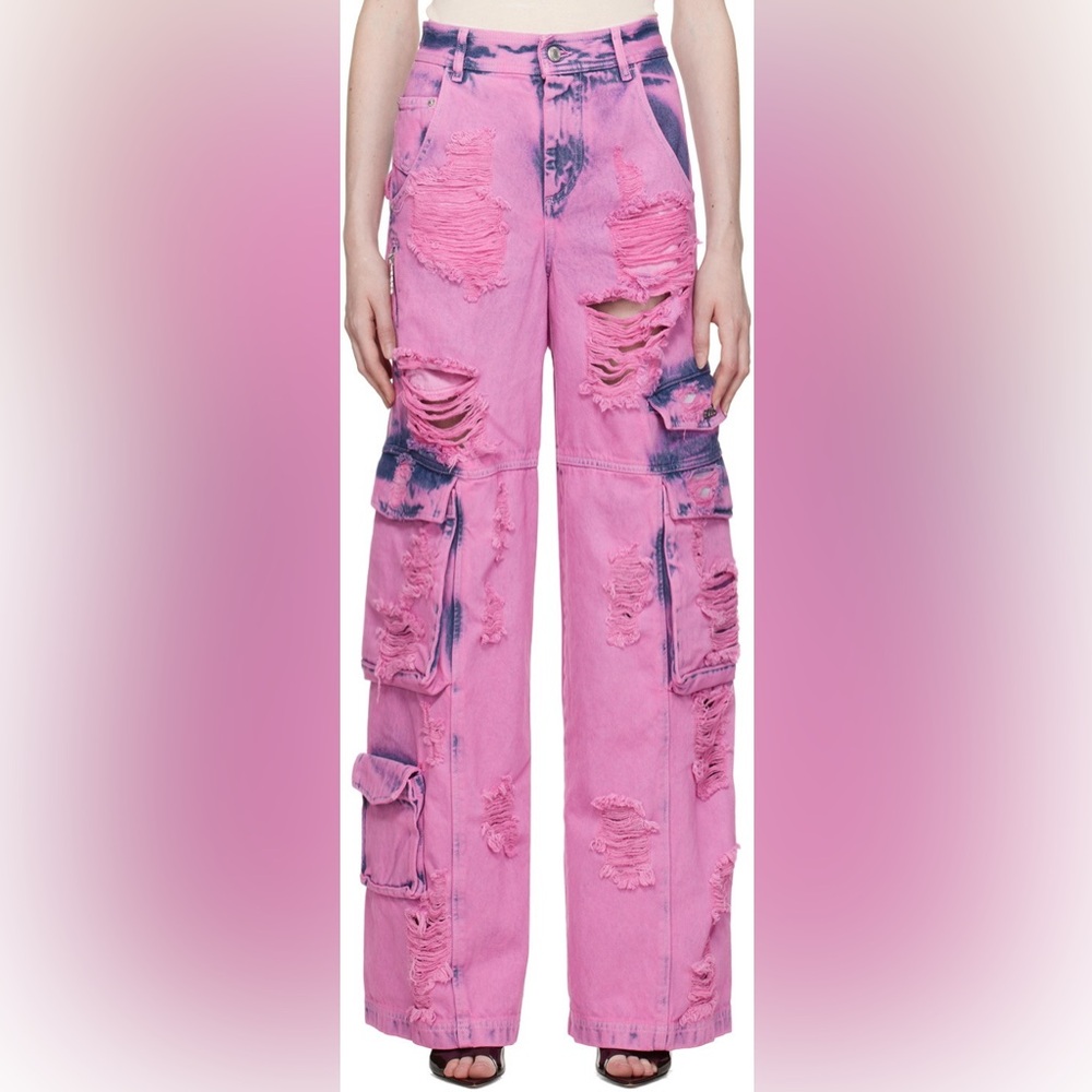 GCDS Pink Bleached distressed Denim Cargo Pants
